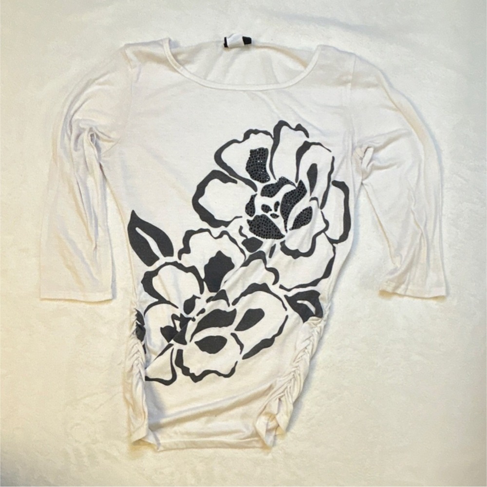 Y2K JKLA California Floral Graphic Top Medium 90s Made in USA Ruched Bling